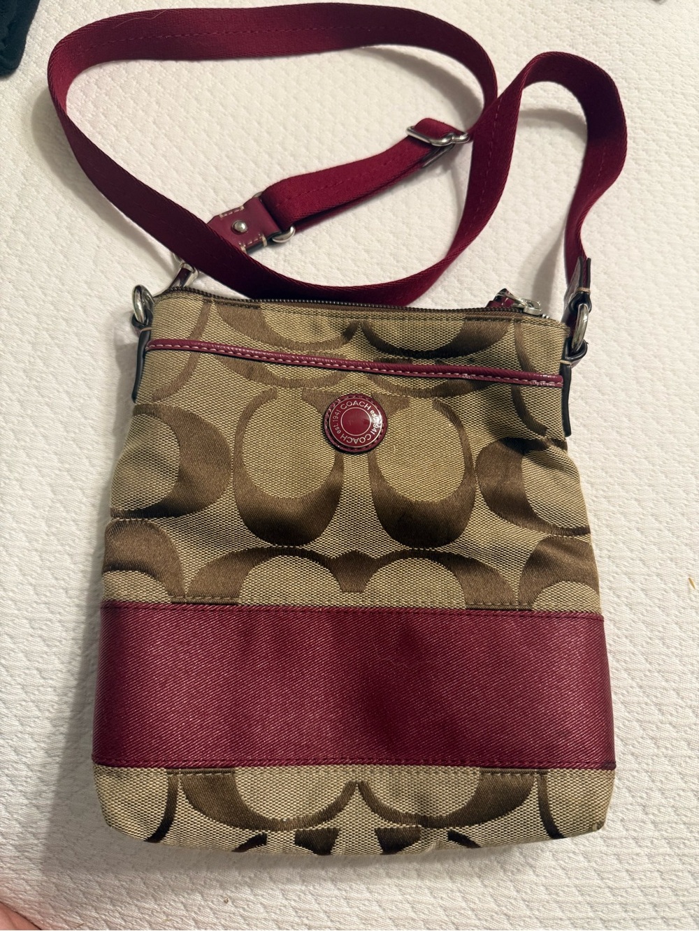 Coach Tan Signature Crossbody with Burgundy Strap and Trim